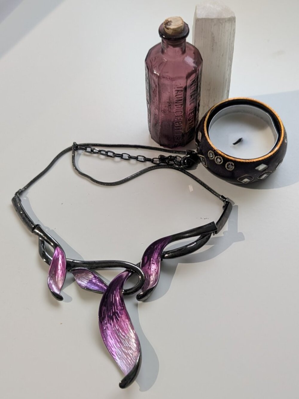Rosemarie & Jubalee hematite-tone purple enamel Statement Bib Collar Necklace